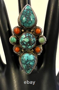 VTG Sterling Silver Spiderweb Turquoise Coral Native American Totem Ring