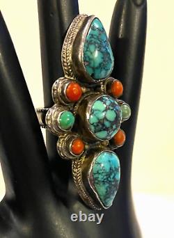 VTG Sterling Silver Spiderweb Turquoise Coral Native American Totem Ring