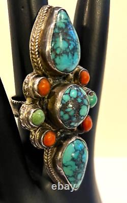 VTG Sterling Silver Spiderweb Turquoise Coral Native American Totem Ring