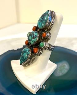 VTG Sterling Silver Spiderweb Turquoise Coral Native American Totem Ring