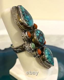 VTG Sterling Silver Spiderweb Turquoise Coral Native American Totem Ring