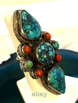 VTG Sterling Silver Spiderweb Turquoise Coral Native American Totem Ring