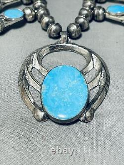 Very Old Vintage Navajo Turquoise Sterling Silver Squash Blossom Necklace