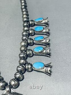 Very Old Vintage Navajo Turquoise Sterling Silver Squash Blossom Necklace