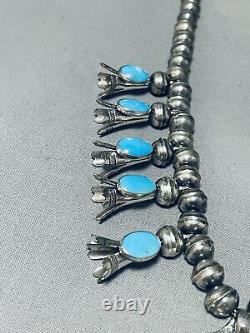 Very Old Vintage Navajo Turquoise Sterling Silver Squash Blossom Necklace