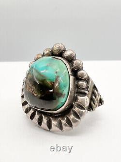 Vintage Early Navajo Sterling Silver Cerrillos Turquoise Stamped Ring 19.6g