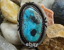 Vintage Large Navajo 925 Sterling Silver Handmade Oval Turquoise Ring Size 7.25