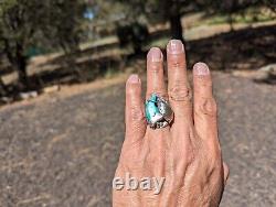 Vintage Mens Native American Sterling Silver Navajo Ring Turquoise Eagle sz 11