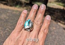 Vintage Mens Native American Sterling Silver Navajo Ring Turquoise Eagle sz 11