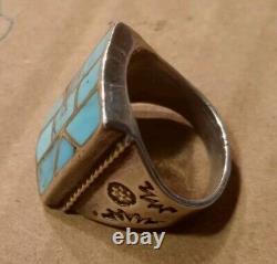 Vintage Native American Geometric Turquoise Mosaic Inlay Silver Ring SZ 8-8.5