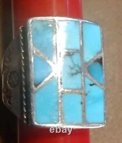 Vintage Native American Geometric Turquoise Mosaic Inlay Silver Ring SZ 8-8.5
