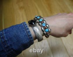 Vintage Native American Navajo Turquoise Coral Sterling Silver Bracelet