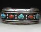 Vintage Native American Navajo Turquoise Coral Sterling Silver Cuff Bracelet