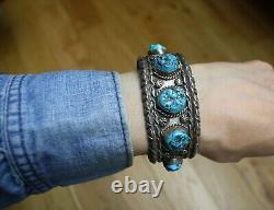 Vintage Native American Navajo Turquoise Sterling Cuff Bracelet Fannie Platero