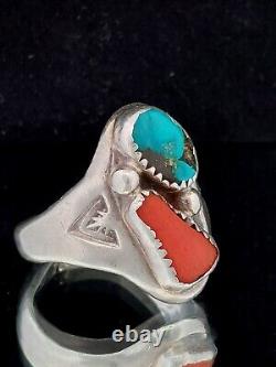 Vintage Native American, Navajo signed R Turquoise & Coral Sterling Ring
