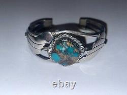 Vintage Native American Solid Sterling Silver Turquoise Navajo Cuff Bracelet