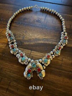 Vintage Native American Sterling Silver, Coral, Turquoise Necklace