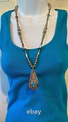Vintage Native American Sterling Silver Turquoise Pendant Necklace J Begay