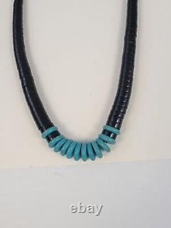 Vintage Native American Turquoise Navajo Heishi Necklace 22, Sterling