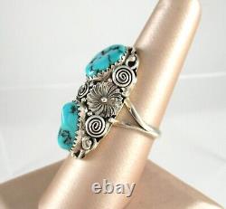 Vintage Navajo. 925 Sterling Silver Turquoise Ring Large Old Pawn sz7.25 Ornate