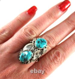 Vintage Navajo. 925 Sterling Silver Turquoise Ring Large Old Pawn sz7.25 Ornate