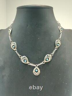 Vintage Navajo Bear Claw Sterling Silver Turquoise Necklace 22 Inch