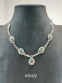 Vintage Navajo Bear Claw Sterling Silver Turquoise Necklace 22 Inch
