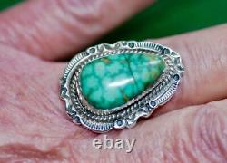 Vintage Navajo Carico Lake Green Spiderweb Turquoise Sterling Ring sz. 8 3/4