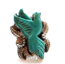 Vintage Navajo Carved Turquoise BIRD Ring Chunky Sterling Silver Flowers Size 8