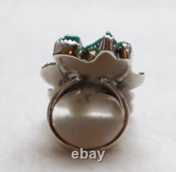 Vintage Navajo Carved Turquoise BIRD Ring Chunky Sterling Silver Flowers Size 8