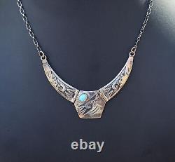 Vintage Navajo Hallmarked AL Sterling & Turquoise Necklace 16 wearable signed