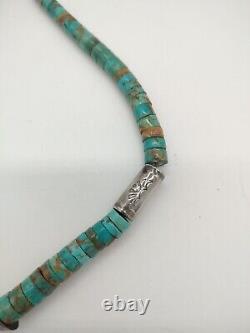 Vintage Navajo Handmade Heishi Style Turquoise Sterling Silver Bead Necklace 17