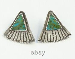 Vintage Navajo Handmade Turquoise Earrings Fan Shape Sterling Silver 1 3/8