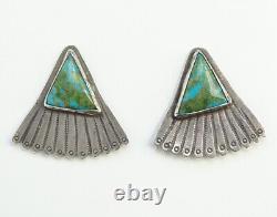 Vintage Navajo Handmade Turquoise Earrings Fan Shape Sterling Silver 1 3/8
