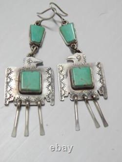 Vintage Navajo Indian Sterling Silver + Turquoise Thunderbird Dangler Earrings
