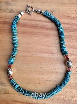 Vintage Navajo Kingman Turquoise Necklace Nugget Bead Sterling Spiny Oyster