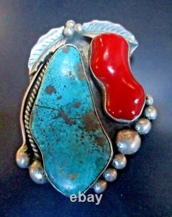 Vintage Navajo Large turquoise & Large Coral Pendant Pin Sterling Silver Signed