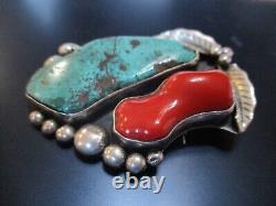 Vintage Navajo Large turquoise & Large Coral Pendant Pin Sterling Silver Signed