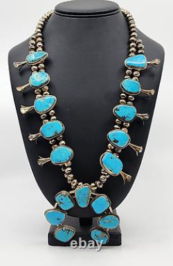 Vintage Navajo Made Sterling Silver Native Turquoise Squash Blossom Necklace