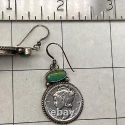 Vintage Navajo Native Turquoise Mercury Dime Sterling Silver Dangle Earring