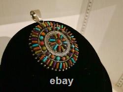 Vintage Navajo Needlepoint Sterling Silver Turquoise Round Brooch Sign MJ 925