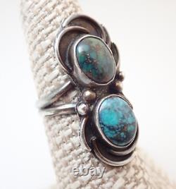 Vintage Navajo Quality 2 Stone Lander Blue Turquoise Sterling Silver Ring 5.75