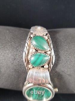 Vintage Navajo RB Sterling Silver Malachite Watch Cuff