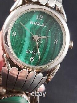 Vintage Navajo RB Sterling Silver Malachite Watch Cuff