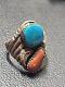 Vintage Navajo Ring Sterling Silver Double Gem Turquoise & Coral Size 11