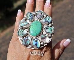 Vintage Navajo Ring Sterling Silver Massive Size Turquoise MOP Unsigned 10.5