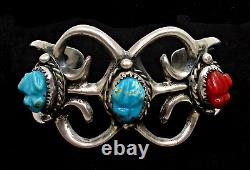 Vintage Navajo Sand Cast Turquoise & Coral Sterling Silver Frog Cuff Bracelet