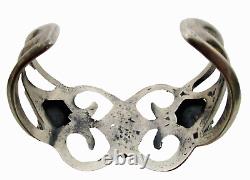 Vintage Navajo Sand Cast Turquoise & Coral Sterling Silver Frog Cuff Bracelet
