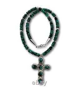 Vintage Navajo Signed JF Turquoise Sterling Massive Cross Pendant Necklace