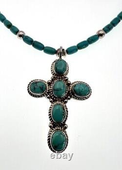 Vintage Navajo Signed JJ Turquoise & Sterling Cross Pendant Necklace